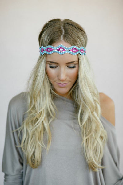 Turquoise + Crystals - Handmade Beaded Headband nicE HT